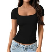 MOYIKO Square Neck Short Sleeve Shirts for Women Fitted Tees Tops