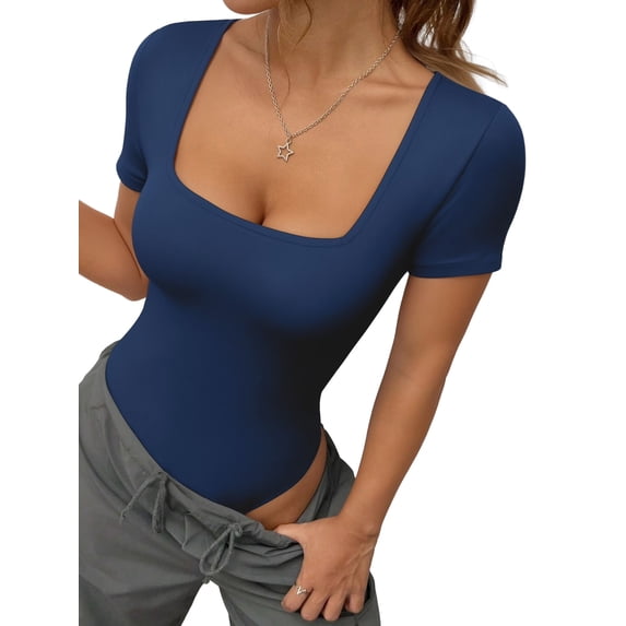 MOYIKO Square Neck Tops for Women Short Sleeve Bodysuit for Women Fitted Tight Tops