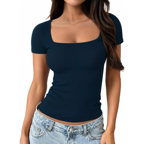 MOYIKO Square Neck Tops for Women Slim Fitted T Shirts Short Sleeve Tight Summer Tees