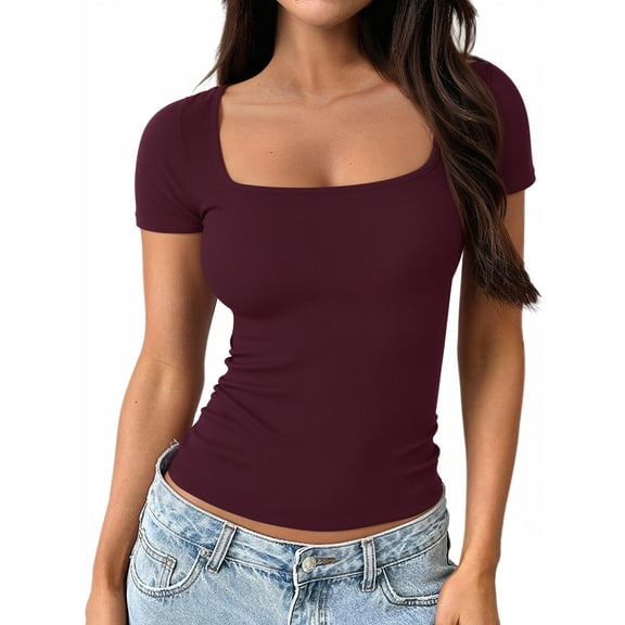 MOYIKO Square Neck Tops for Women Slim Fitted T Shirts Short Sleeve Tight Summer Tees