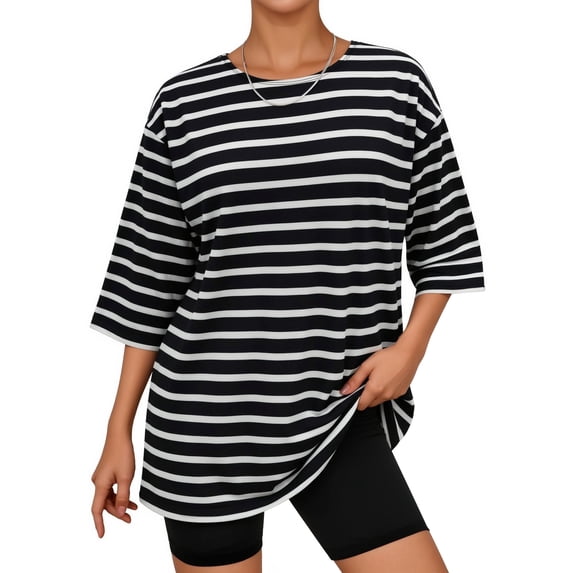 MOYIKO Striped T Shirts for Women 3/4 Length Sleeve Crewneck Casual Loose Fit Tees Summer Tops