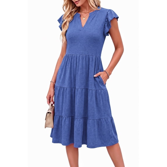MOYIKO Summer Dresses for Women Ruffle Sleeve V Neck Midi Dresses Fashion Casual Flowy Beach Vacation Sundress with Pockets