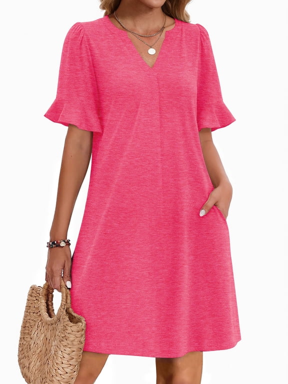 Summer Dresses for Women V Neck Sundress Short Ruffle Sleeve Shift Dress Casual Beach Dress with Pockets Clothes
