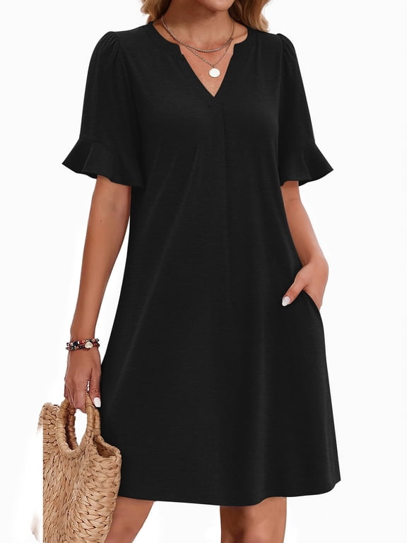 Sundress for Women Casual V Neck Summer Dresses Short Ruffle Sleeve Beach Dress with Pockets Clothes