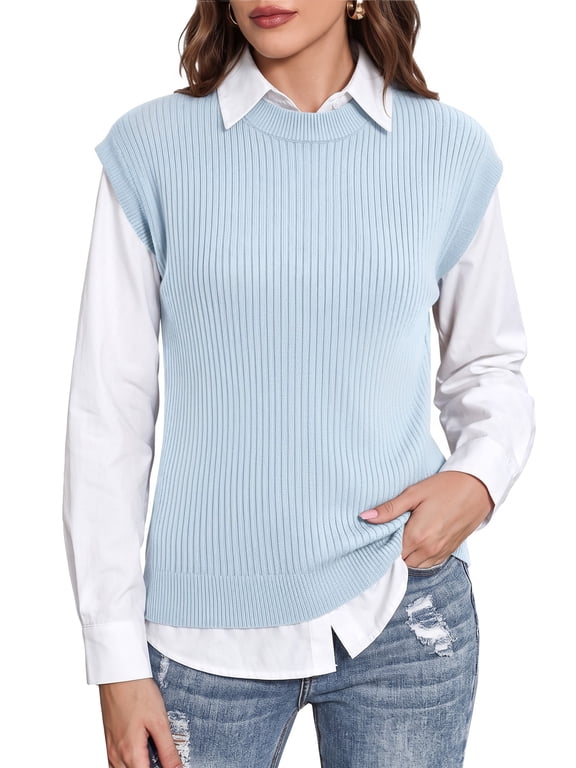 Sweater Vest Women Crew Neck Cap Sleeve Ribbed Knit Layering Tank Tops Side Slit Fall Winter Casual Going Out
