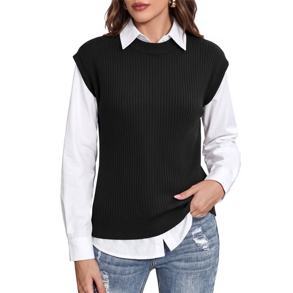 MOYIKO Sweater Vest Women Crew Neck Cap Sleeve Ribbed Knit Layering Tank Tops Side Slit Fall Winter Casual Going Out