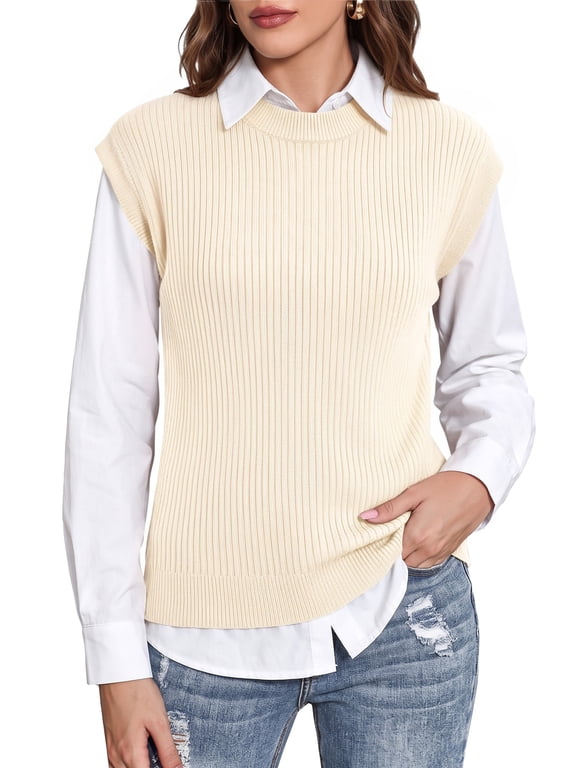 Sweater Vest Women Crew Neck Cap Sleeve Ribbed Knit Layering Tank Tops Side Slit Fall Winter Casual Going Out