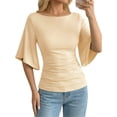 thumbnail image 1 of MOYIKO T Shirts for Women Boat Neck 3/4 Flare Sleeve Ruched Fitted Shirts, 1 of 7