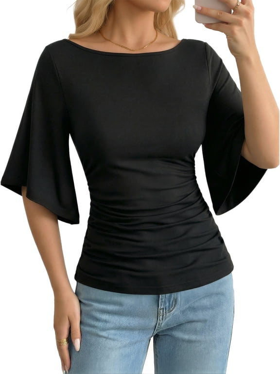 T Shirts for Women Boat Neck 3/4 Flare Sleeve Ruched Fitted Shirts