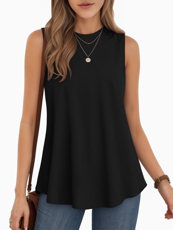 Tank Tops for Women Loose Fit Sleeveless Summer T Shirt Crew Neck Tunic Tee Black Vest Tops Clothes Size L