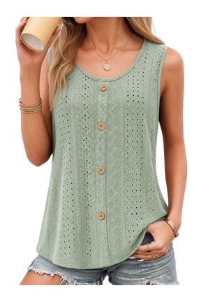Tank Tops for Women Eyelet Crew Neck Sleeveless Tops Dressy Casual Trendy Flowy Summer Shirts Loose Fit