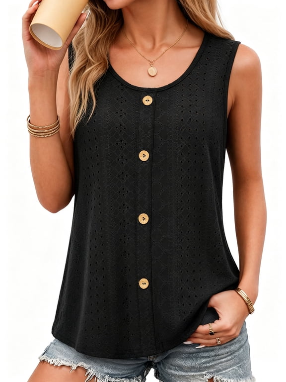 Tank Tops for Women Eyelet Crew Neck Sleeveless Tops Dressy Casual Trendy Flowy Summer Shirts Loose Fit