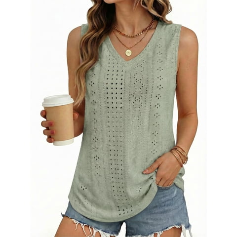 MOYIKO Tank Tops for Women Eyelet V Neck Trendy Sleeveless Tops Dressy Casual Flowy Summer Shirts Loose Fit
