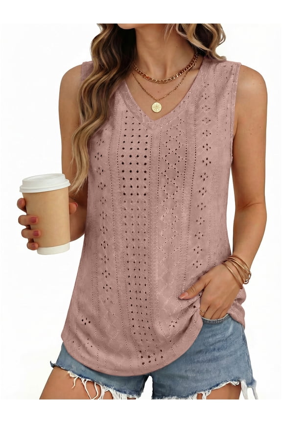 Tank Tops for Women Eyelet V Neck Trendy Sleeveless Tops Dressy Casual Flowy Summer Shirts Loose Fit