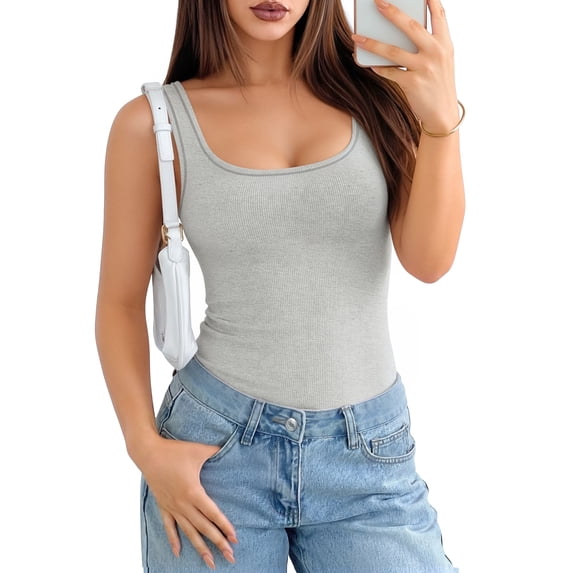 MOYIKO Women Sleeveless Basic Top Ribbed Tank Top Summer Casual T-shirt Square Neck Shallow Flower Grey Vest Tee S