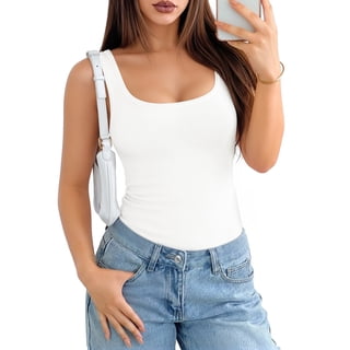 MOYIKO Women Ribbed Tank Top Sleeveless Vest Summer Top Square Neck Basic T-shirt Casual Slim Fit Creamy White Blouse Tee M