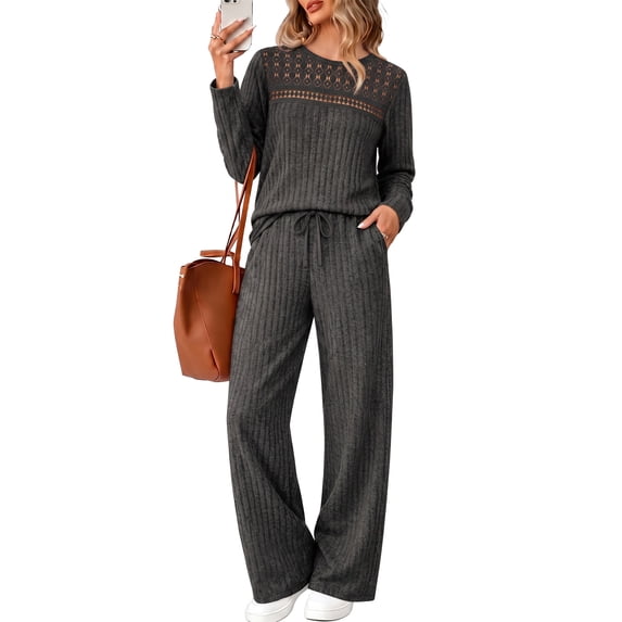 MOYIKO Two Piece Lounge Sets for Women Casual Lace Pajamas Set Wide Leg Pants Winter Matching 2 Piece Outfits Trendy Clothes