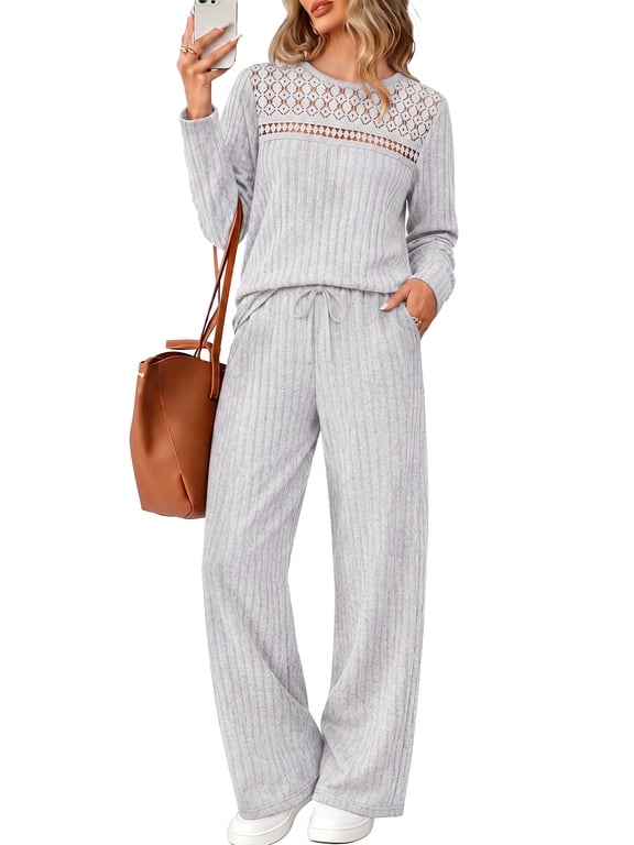 Two Piece Lounge Sets for Women Casual Lace Pajamas Set Wide Leg Pants Winter Matching 2 Piece Outfits Trendy Clothes