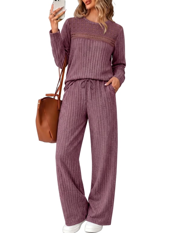 Two Piece Lounge Sets for Women Casual Lace Pajamas Set Wide Leg Pants Winter Matching 2 Piece Outfits Trendy Clothes
