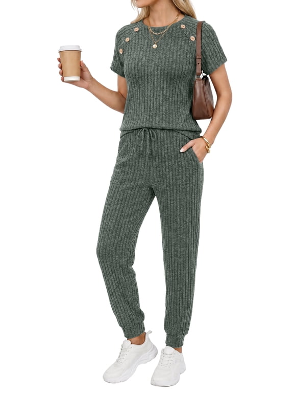 Two Piece Lounge Sets for Women Summer Outfits Crew Neck Short Sleeve Tops Long Pants Matching Sets Travel Vacation Trendy Clothes