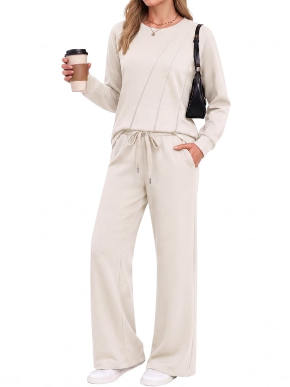 Two Piece Sets for Women Fall Travel Vacation Outfits Pleated Long Sleeve Lounge Sets Wide Leg Pants
