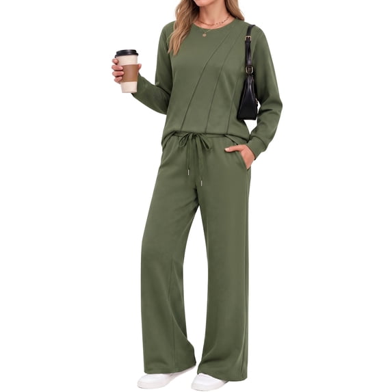 MOYIKO Two Piece Sets for Women Fall Travel Vacation Outfits Pleated Long Sleeve Lounge Sets Wide Leg Pants
