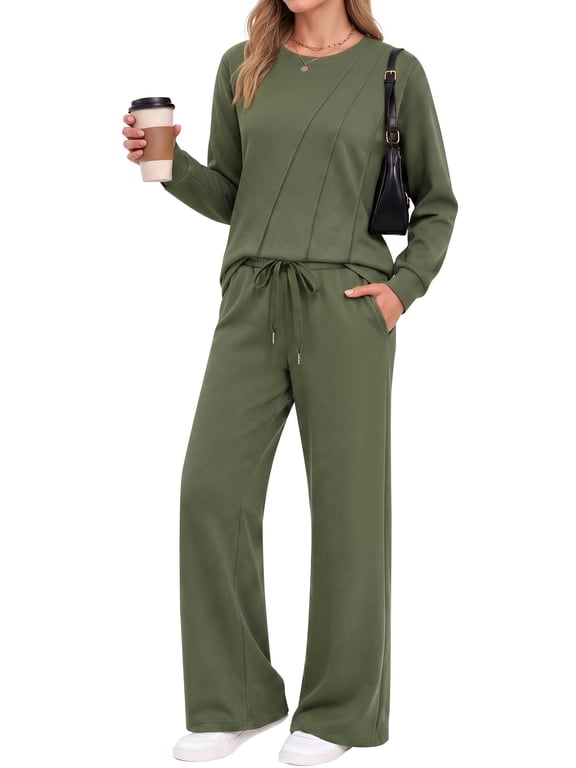 Two Piece Sets for Women Fall Travel Vacation Outfits Pleated Long Sleeve Lounge Sets Wide Leg Pants