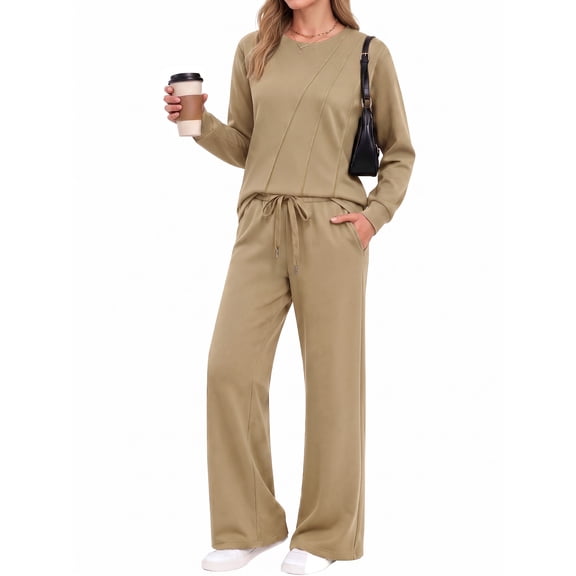 MOYIKO Two Piece Sets for Women Fall Travel Vacation Outfits Pleated Long Sleeve Lounge Sets Wide Leg Pants