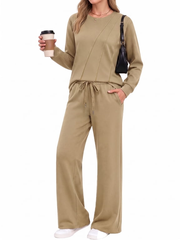 Two Piece Sets for Women Fall Travel Vacation Outfits Pleated Long Sleeve Lounge Sets Wide Leg Pants