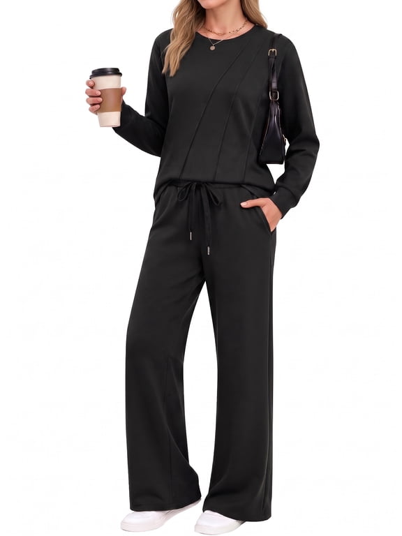 Two Piece Sets for Women Fall Travel Vacation Outfits Pleated Long Sleeve Lounge Sets Wide Leg Pants