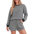 thumbnail image 1 of MOYIKO Two Piece Sets for Women Long Sleeve Waffle Knit Striped Tops and Shorts with Pockets Fall Casual Clothes Size L, 1 of 7