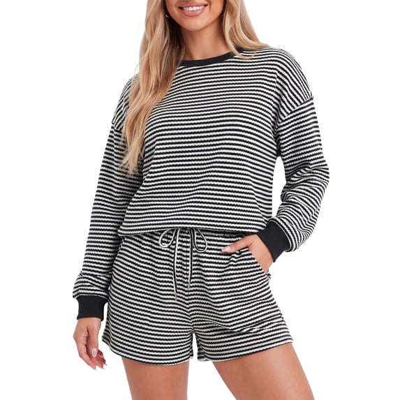 MOYIKO Two Piece Sets for Women Long Sleeve Waffle Knit Striped Tops and Shorts with Pockets Fall Casual Clothes Size L