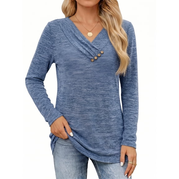 MOYIKO V Neck Blouses for Women Button Long Sleeve Tunic Dressy Casual Work Shirts Trendy Fall Winter Tops