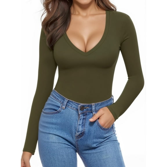 MOYIKO V Neck Tight Long Sleeve Shirts for Women Fitted Tops Slim Tee