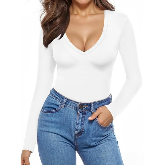 MOYIKO V Neck Tight Long Sleeve Shirts for Women Fitted Tops Slim Tee