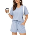 thumbnail image 1 of MOYIKO Women 2 Piece Short Sets V Neck Texture Casual Summer Sweatsuit with Pocket Matching Lounge Sets, 1 of 7