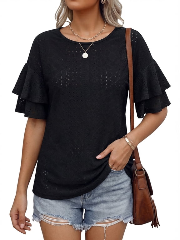 Women Casual Ruffle Half Sleeve Summer tops Crewneck Eyelet Shirts Flowy Dressy Tunic Blouses