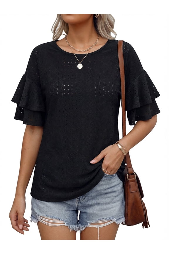 Women Casual Ruffle Half Sleeve Summer tops Crewneck Eyelet Shirts Flowy Dressy Tunic Blouses