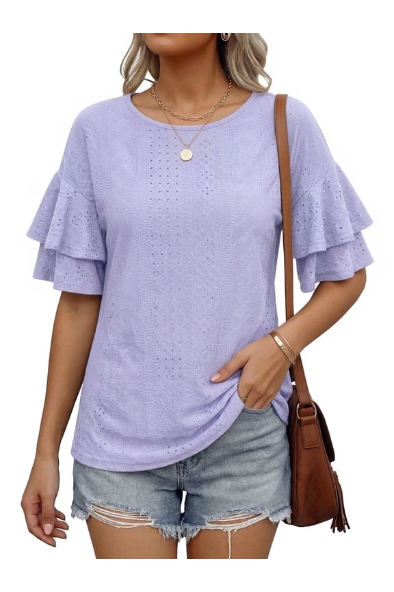 Women Casual Ruffle Half Sleeve Summer tops Crewneck Eyelet Shirts Flowy Dressy Tunic Blouses