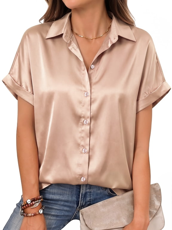 Women's Satin Button Down Shirts Short Sleeve Blouse Collared Dressy Casual Business Work Summer Tops