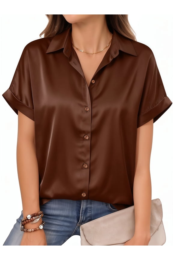 Women's Satin V-Neck Button Down Blouse, Short Rolled Sleeve, Relaxed Fit, Casual, Coffee, Size L