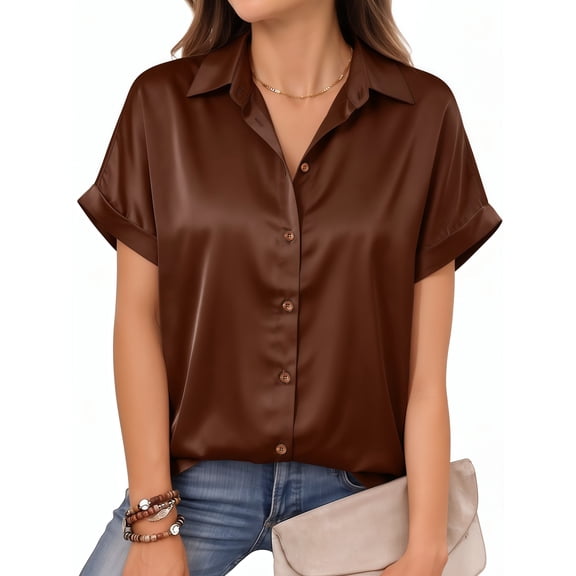 MOYIKO Women's Satin Button Down Shirts Short Sleeve Blouse Collared Dressy Casual Business Work Summer Tops