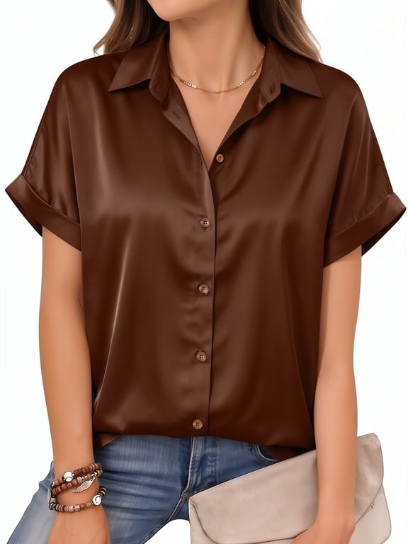 Women's Satin Button Down Shirts Short Sleeve Blouse Collared Dressy Casual Business Work Summer Tops
