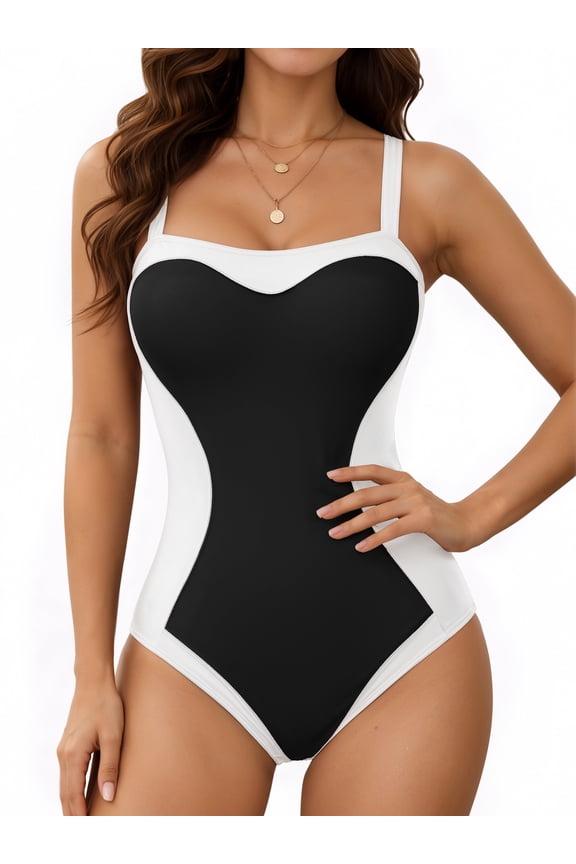 Women Slimming Tummy Control One Piece Swimsuit Retro Square Neck Bathing Suit