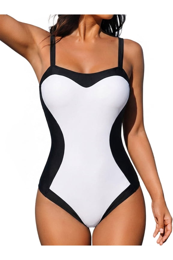 Women Slimming Tummy Control One Piece Swimsuit Retro Square Neck Bathing Suit