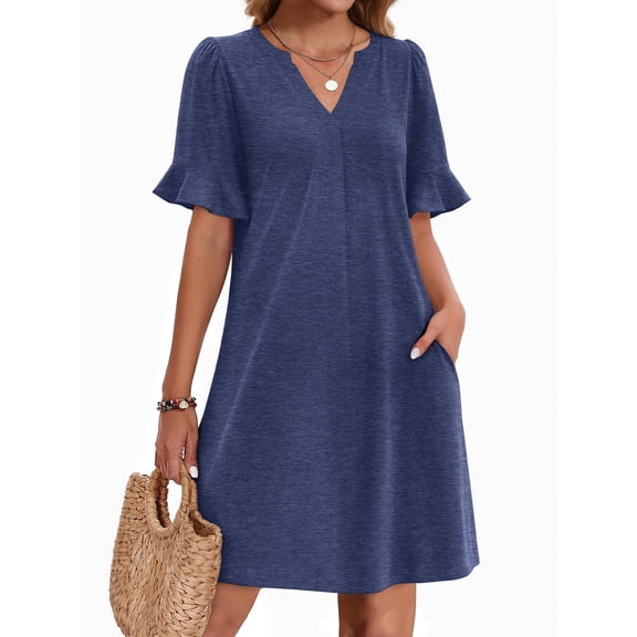 MOYIKO Women Summer Dress Short Sleeve V Neck Sundress Casual Mini Shift Dress with Pockets Clothes