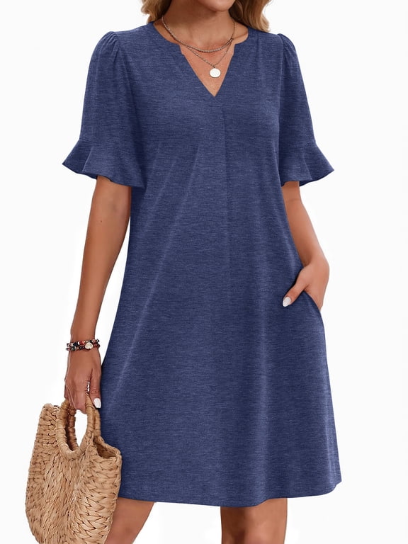 Women Summer Dress Short Sleeve V Neck Sundress Casual Mini Shift Dress with Pockets Clothes