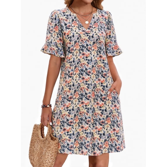 MOYIKO Women Summer Dress V Neck Mini Sundress Casual Loose Short Ruffle Sleeve Beach Dress with Pockets Clothes