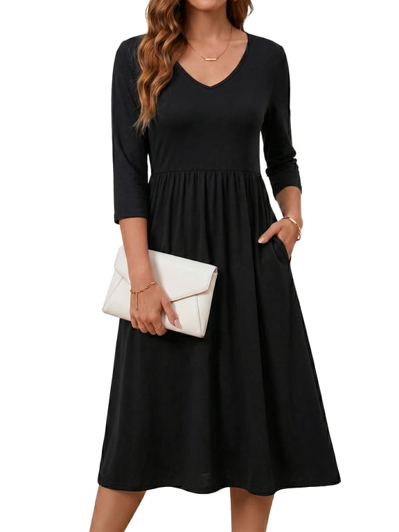 Women Summer Dresses V Neck 3/4 Sleeve Casual Flowy Sundresses Solid Midi Dress with Pockets