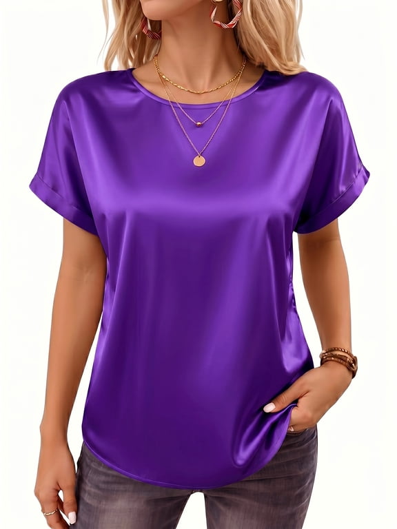 Women Tops Summer Short Sleeve Blouses Ladies Crew Neck Silk Satin Business Casual Shirts